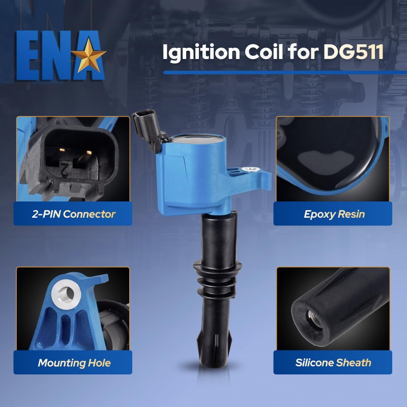 ENA Set of 8 Blue Ignition Coil Pack Compatible with Ford Expedition Explorer F150 F250 F350 F450 F550 Super Duty Mustang Navigator 2005 2006 2007 2008 V8 V10 4.6 5.4 6.8 Replacement for DG511 FD508 - Image 4